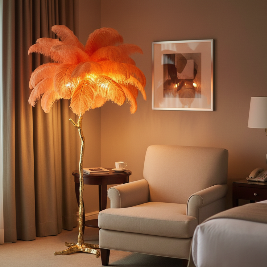 Lámpara de Pie con Pantalla de Plumas Elegante - Lámpara de Trípode Moderna para Sala de Estar