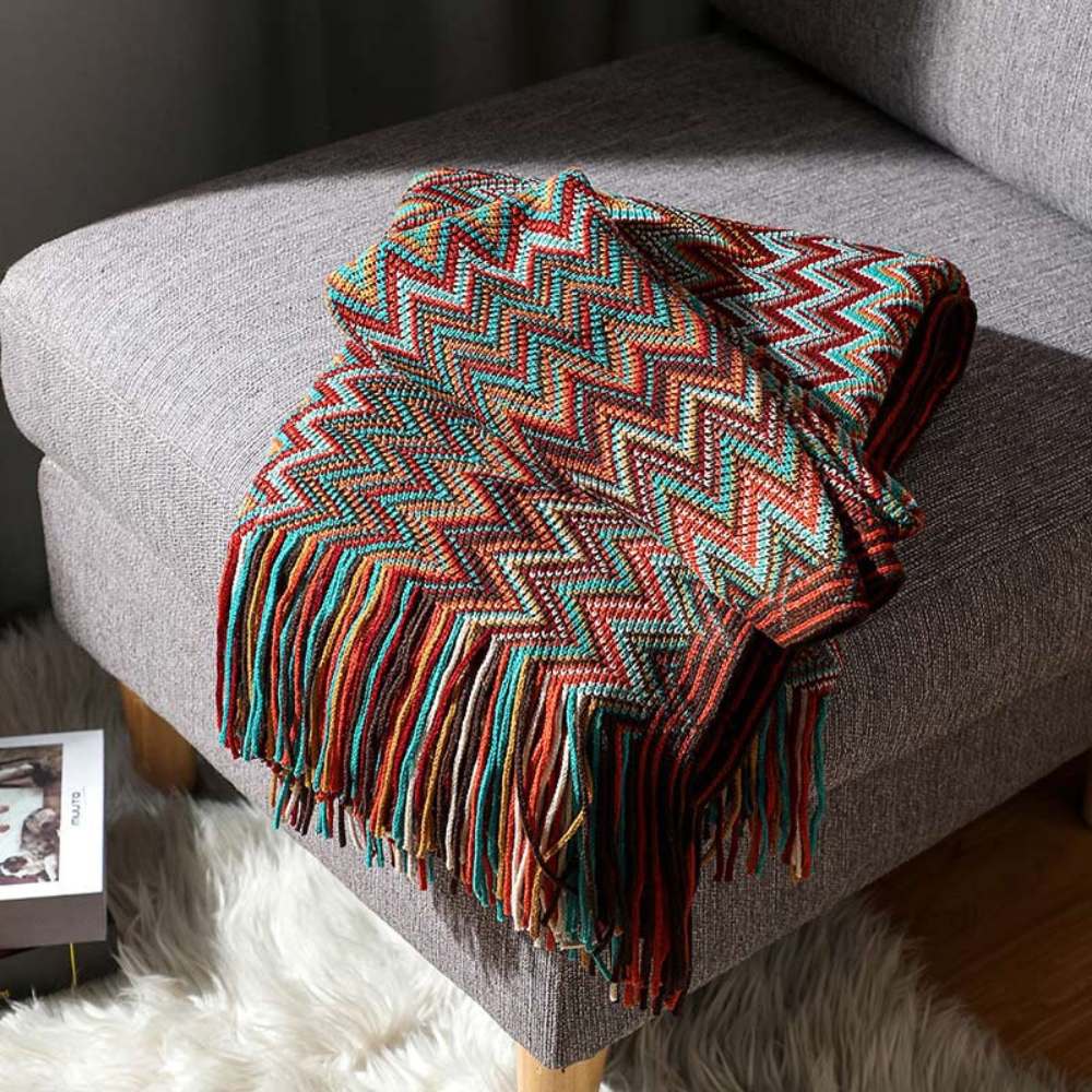 Manta de Tejido con Flecos en Zigzag Multicolor