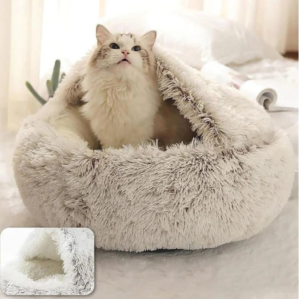 Cama para Mascotas Redonda con Capucha de Piel Sintética