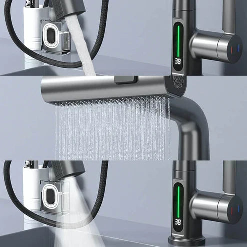 Grifo de cocina flexible con pantalla – giratorio 360° y 5 modos de chorro