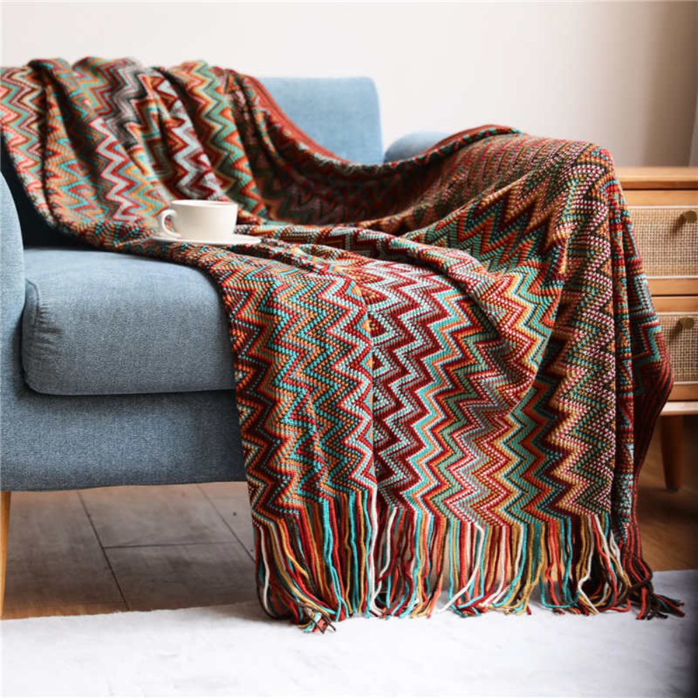 Manta de Tejido con Flecos en Zigzag Multicolor