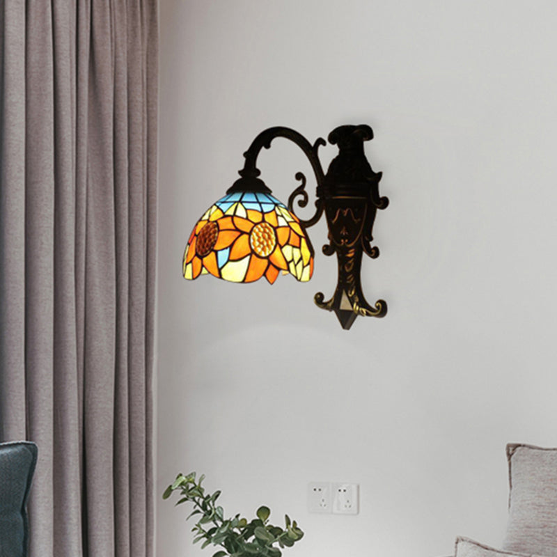 Skorter | Lámpara de pared rústica Tiffany con girasol, luz principal de vidrio tejido en naranja para dormitorio