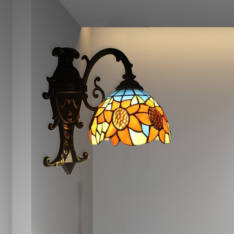 Skorter | Lámpara de pared rústica Tiffany con girasol, luz principal de vidrio tejido en naranja para dormitorio