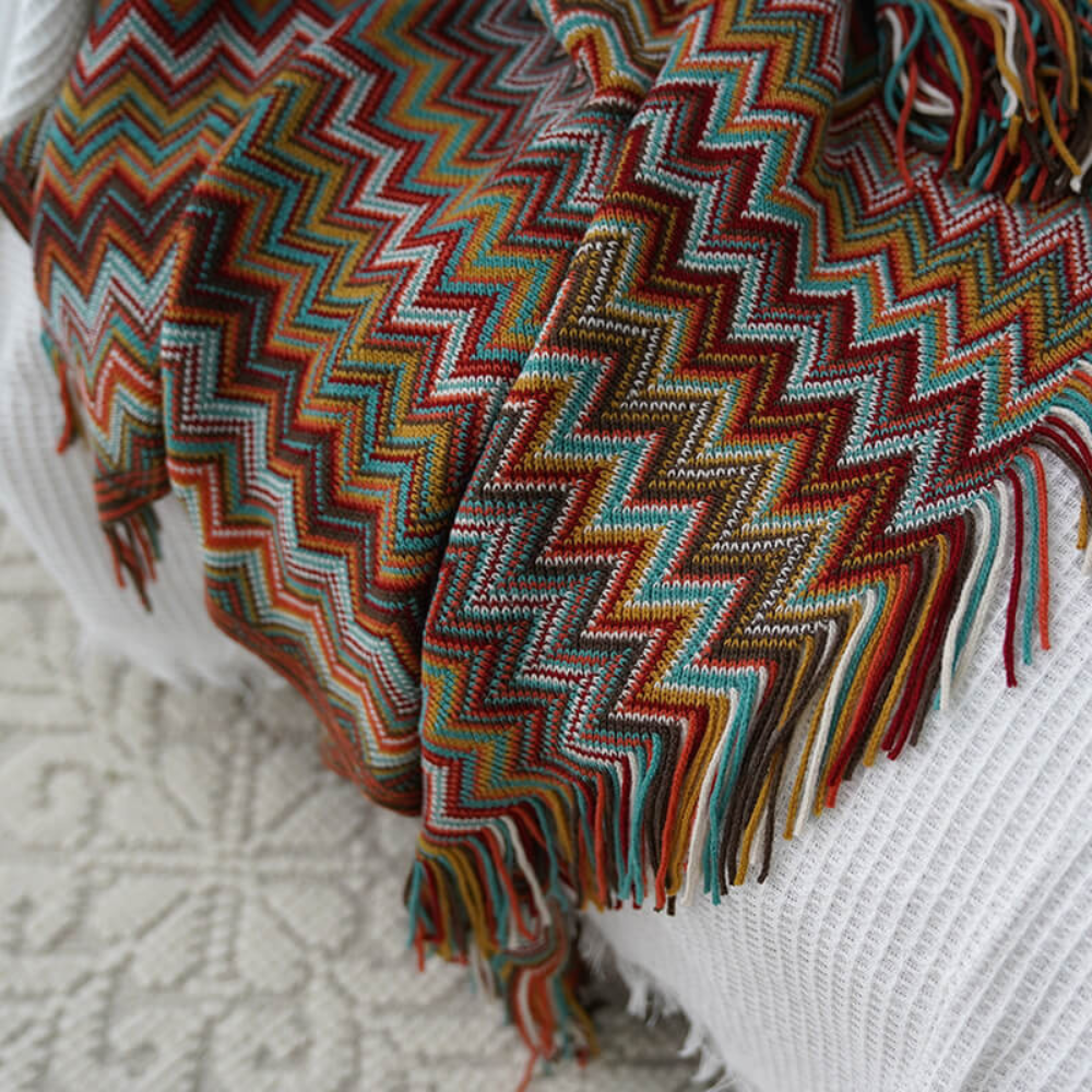 Manta de Tejido con Flecos en Zigzag Multicolor