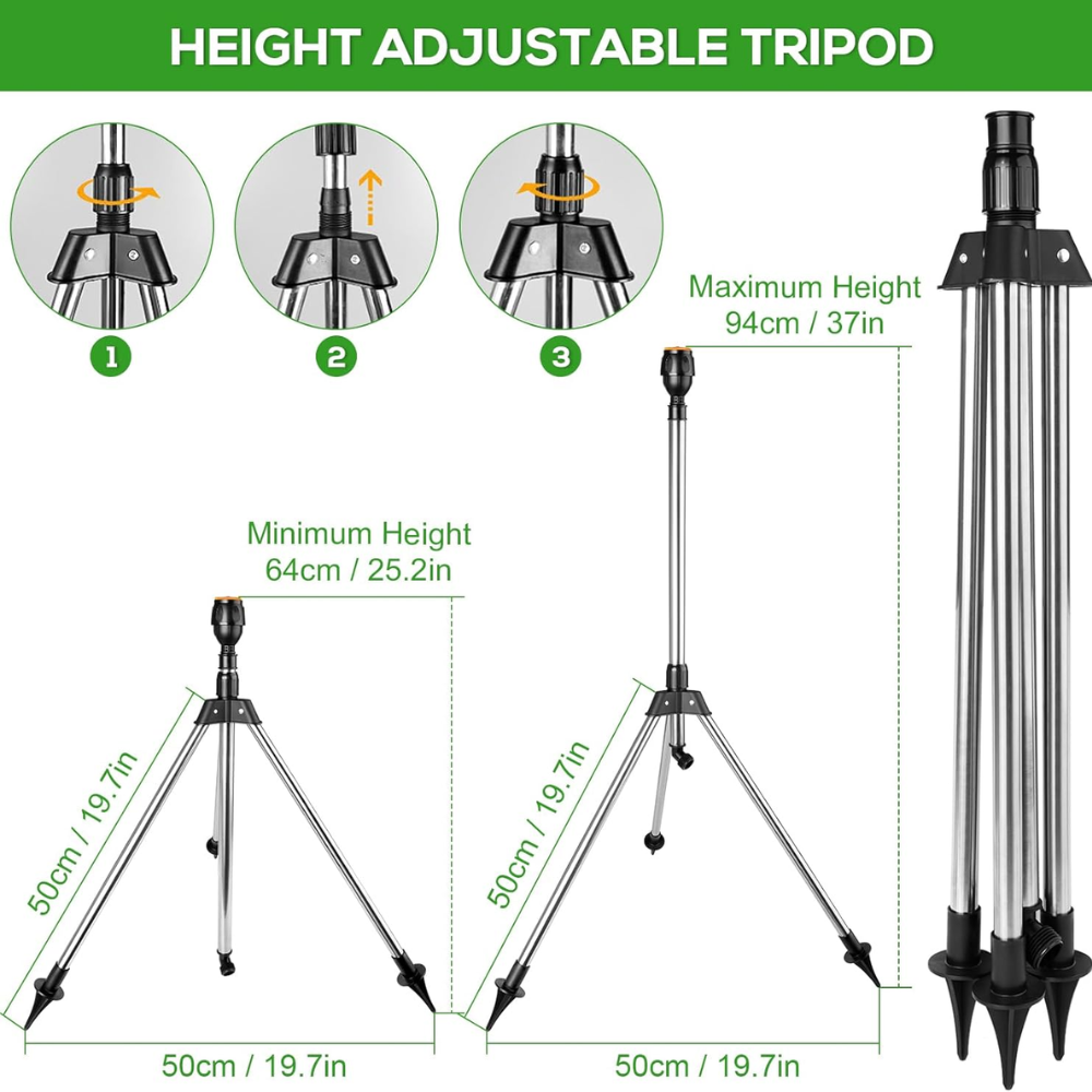Aspersor de jardín giratorio 360 grados con trípode telescópico