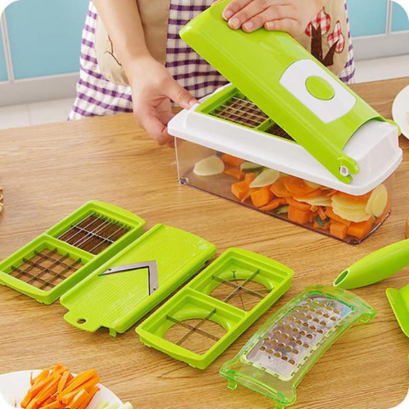 CutMate Cortador de Verduras Multifuncional 12 en 1 | Con Recipiente y Protección para los Dedos | Cuchillas de Acero Inoxidable | Compacto y Seguro