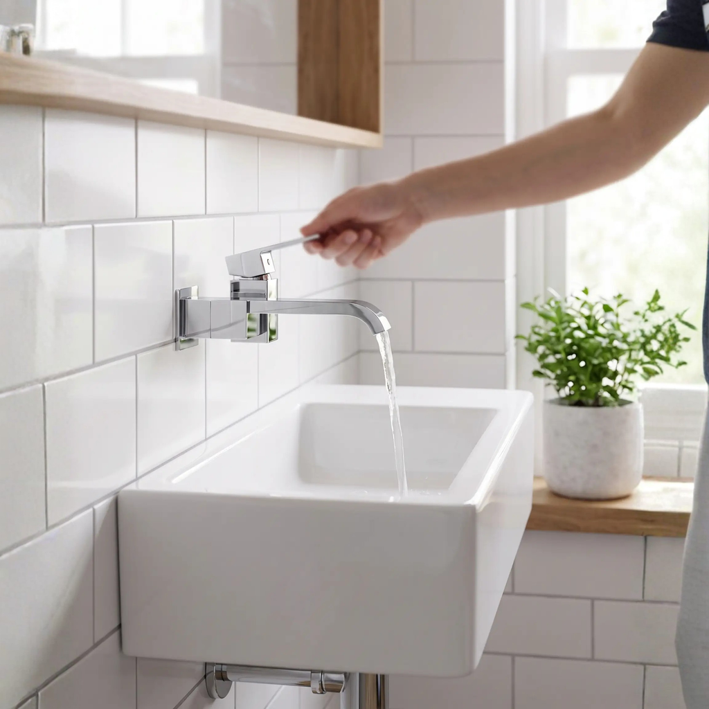 Grifo de baño contemporáneo montado en la pared con manijas de palanca y arco bajo de bronce