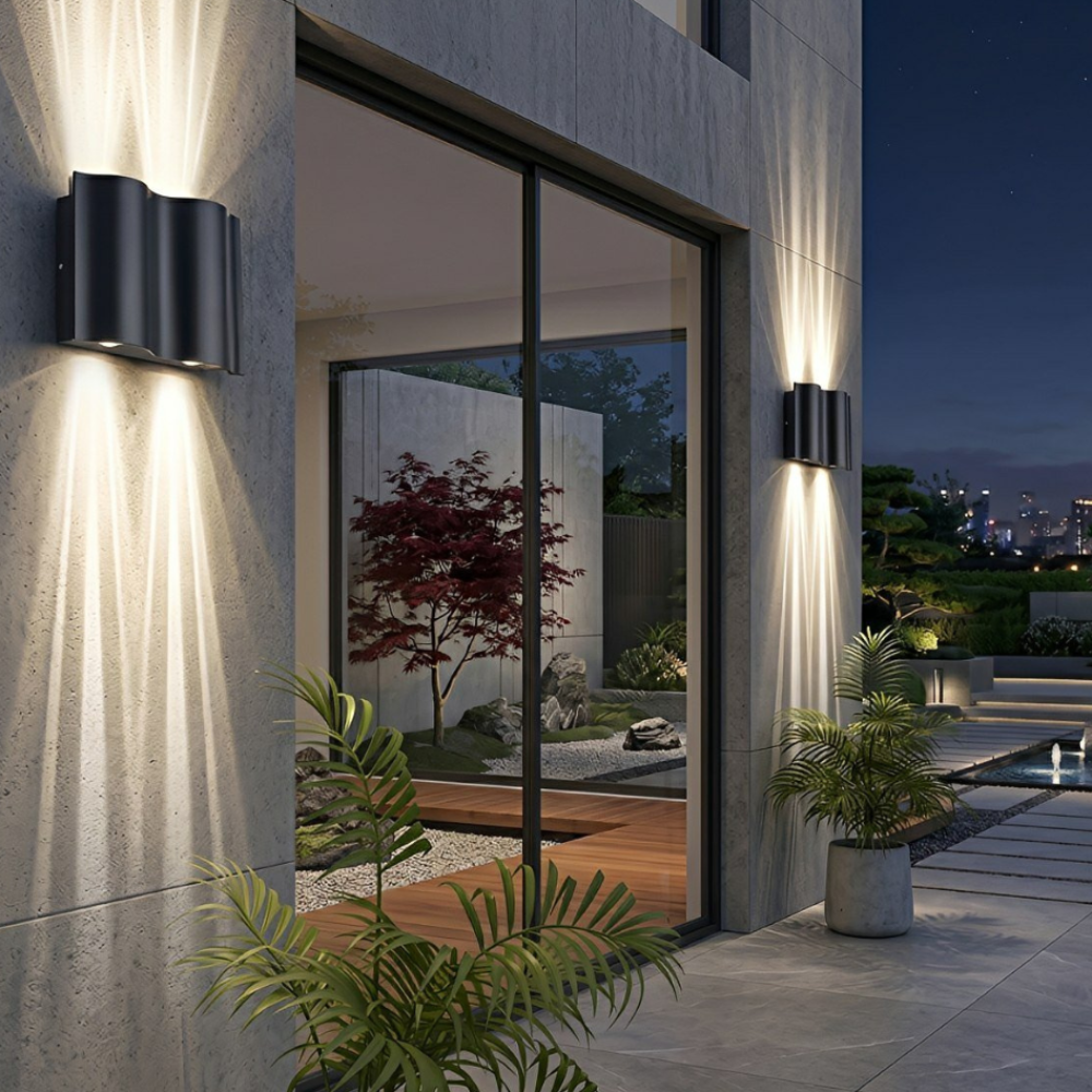NoirLume | Aplique de pared exterior moderno y elegante con diseño de ondas