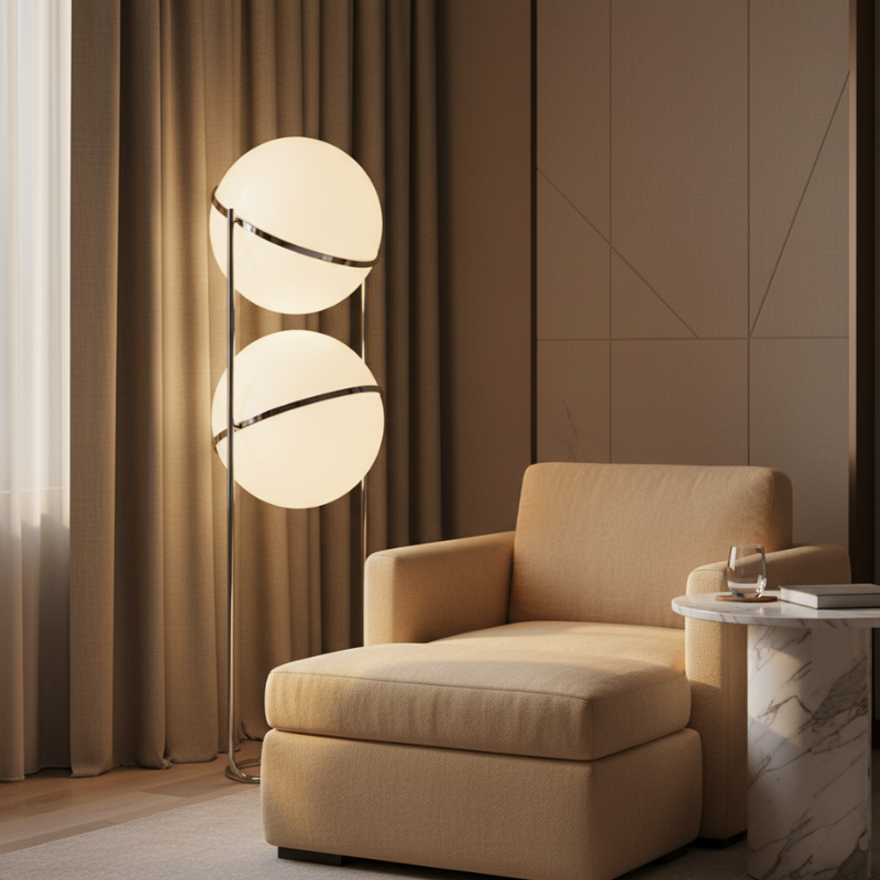 Colección Orbis | Lámpara de Pie Moderna y Elegante con Marco de Cromo para Decoración de Sala de Estar