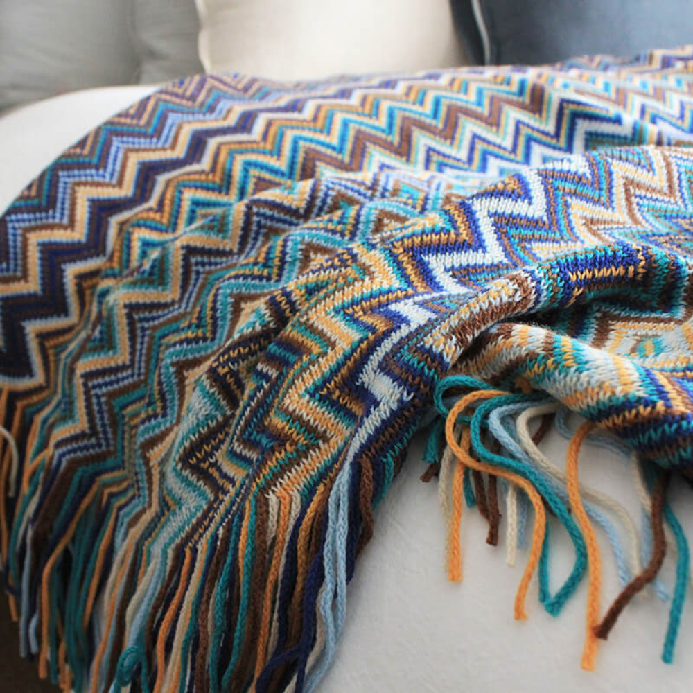 Manta de Tejido con Flecos en Zigzag Multicolor