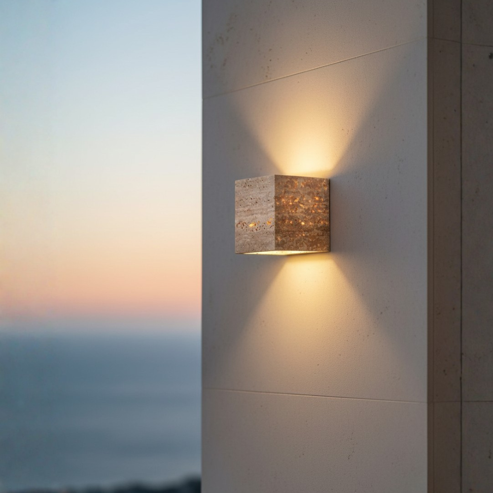 Lámpara de Pared Exterior Elegante Wabi Sabi | Lámpara de Pared de Piedra Travertina Impermeable para Jardín o Patio