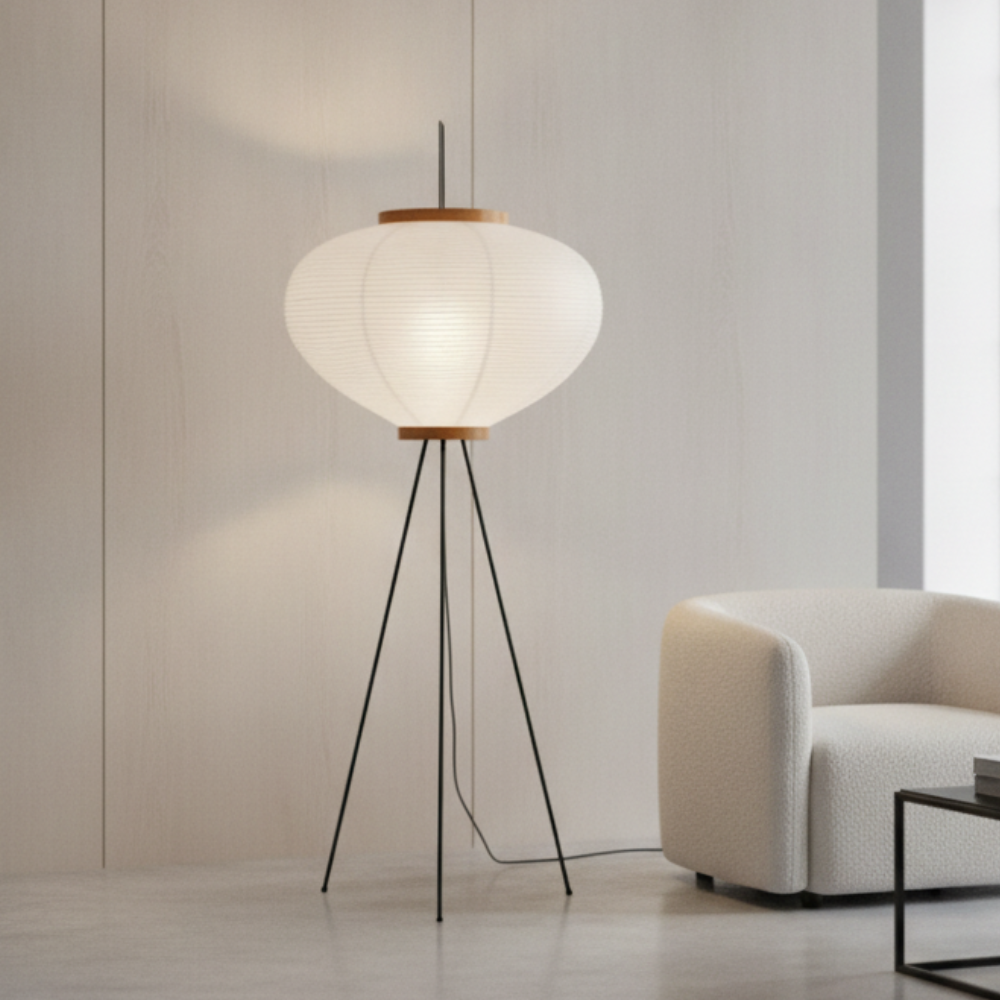 Yūgen | Lámpara de Pie Tripode Minimalista Moderna con Pantalla de Papel de Morera
