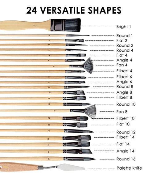 Juego de Pinceles para Artistas | 24 Pinceles de Nailon con 7 Formas y Espátula | Acrílico, Óleo y Acuarela