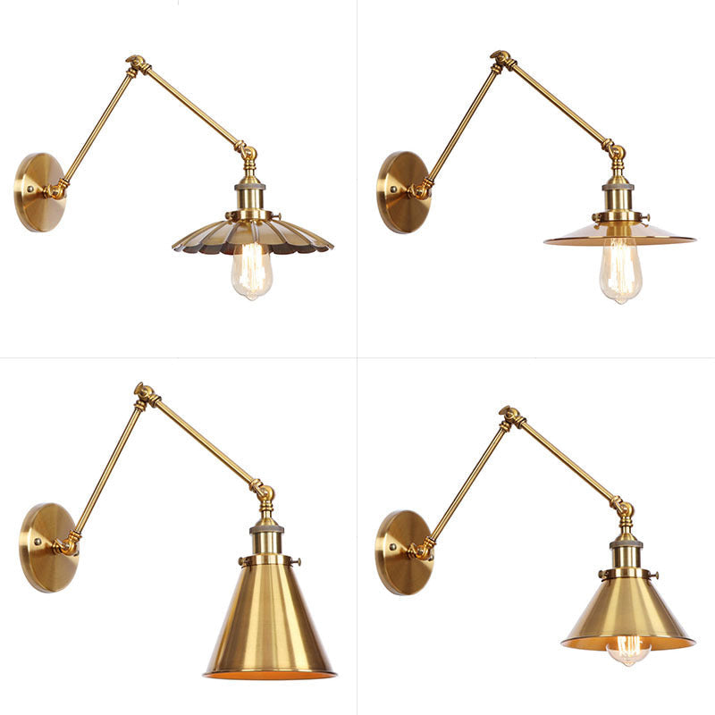 Iluminación de Pared de Hierro y Latón con Diseño Ondulado/Cornete/Cono, Lámpara de Pared Antiguo de 6"/8" de Ancho con Brazo Móvil