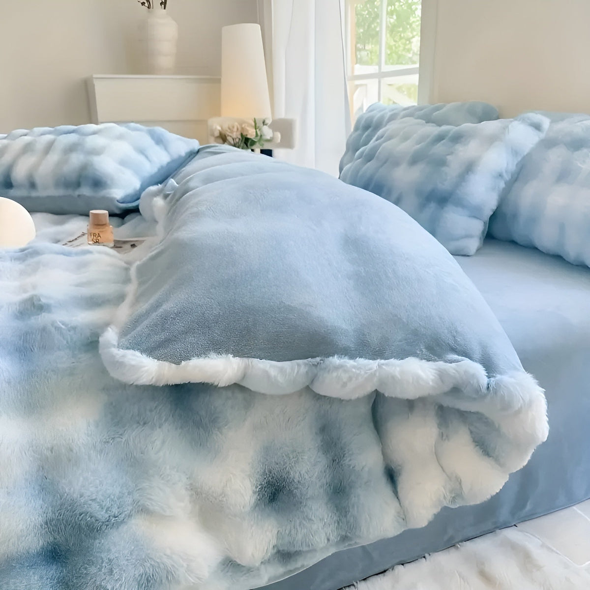 Conjunto de ropa de cama de terciopelo muy acogedor: cálido y suave para el otoño y el invierno | Diseño reversible en piel de conejo y terciopelo color leche