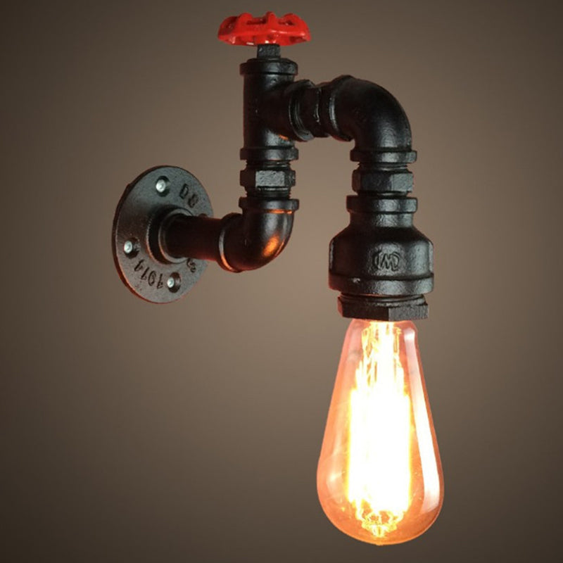 Lámpara de pared Steampunk de hierro negra 1-luz kit de luz de pared para sala de estar con válvula en bruto | Brehn