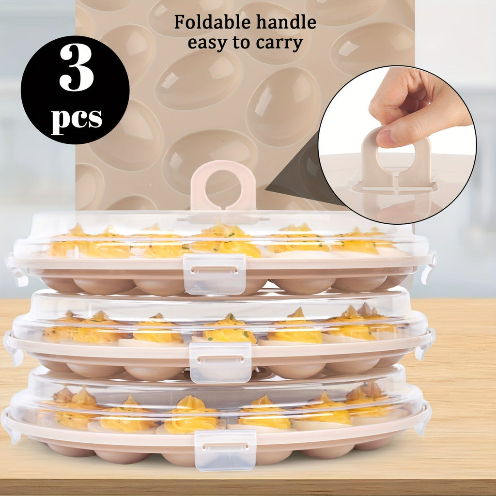 Lisslune | Bandejas de Huevos Endiablados Shindel 3PCS – Transportador Marrón con Tapa, Bandeja Redonda para 22 Huevos, Perfecto para Suministros de Cocina y Hogar
