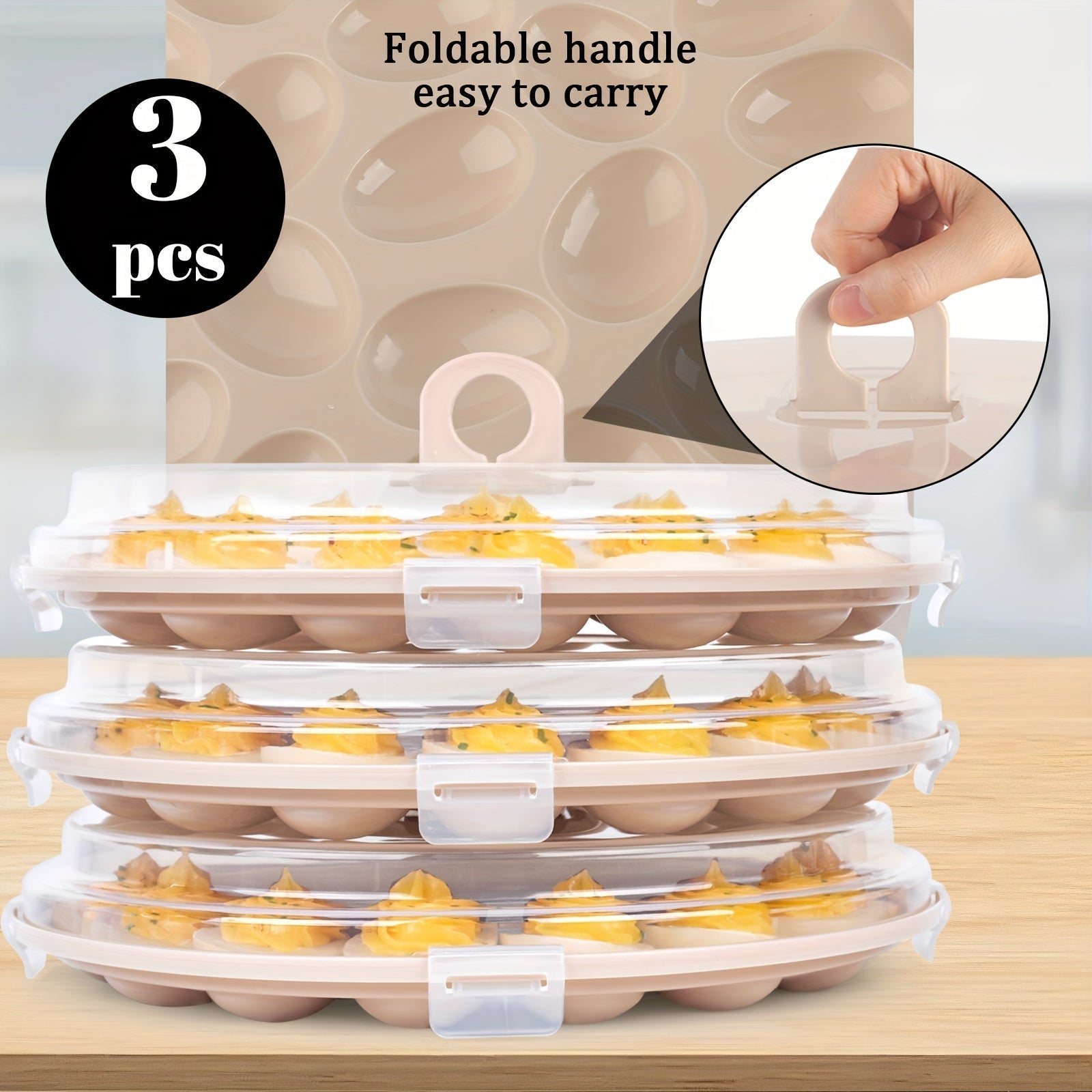 Lisslune | Shindel 3PCS Platos de Huevos Endiablados – Transportador Marrón con Tapa, Bandeja Redonda para 22 Huevos, Perfecto Suministro para Cocina y Hogar