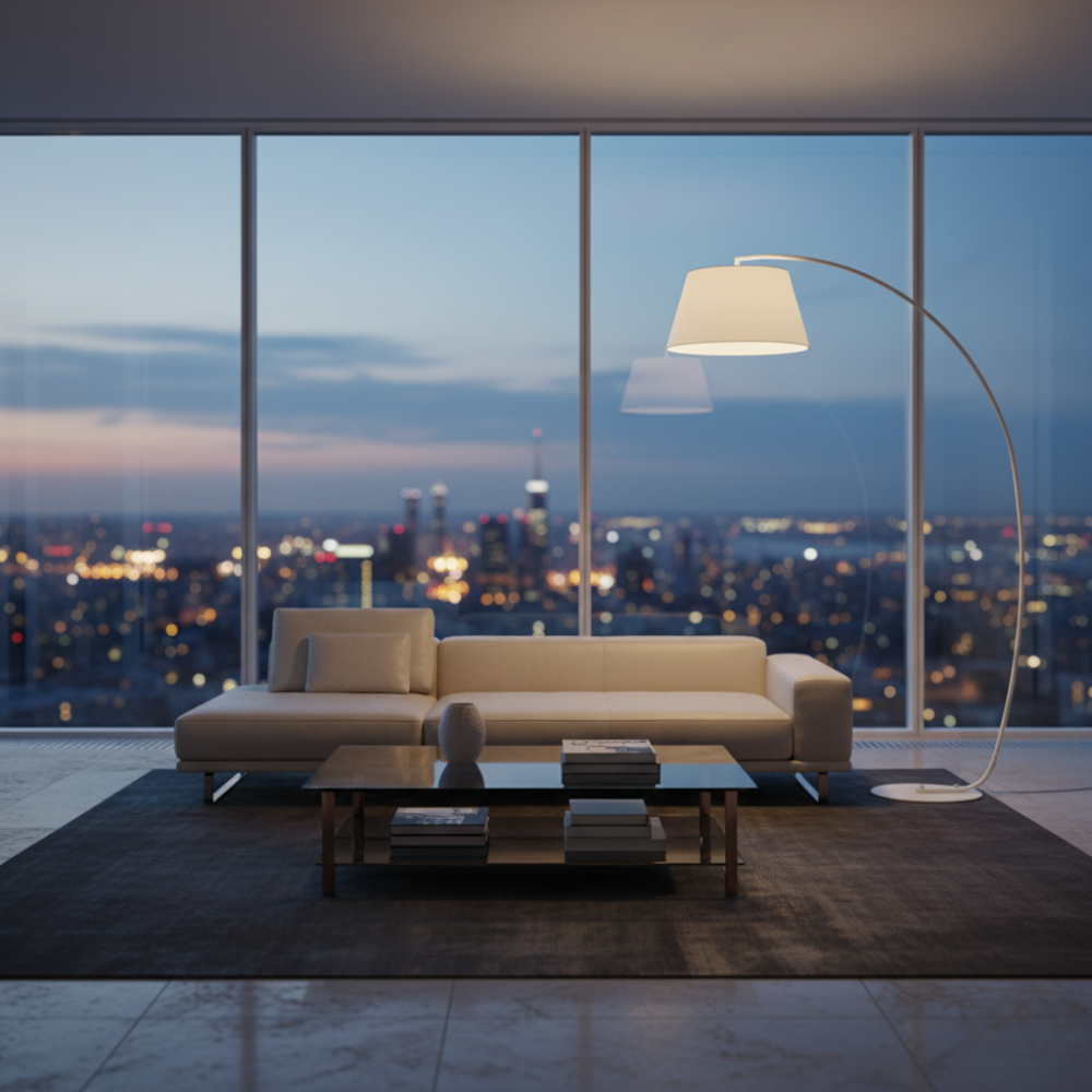 ArcoLuxe | Lámpara de pie de arco elegante y moderna con pantalla de tela para sala de estar