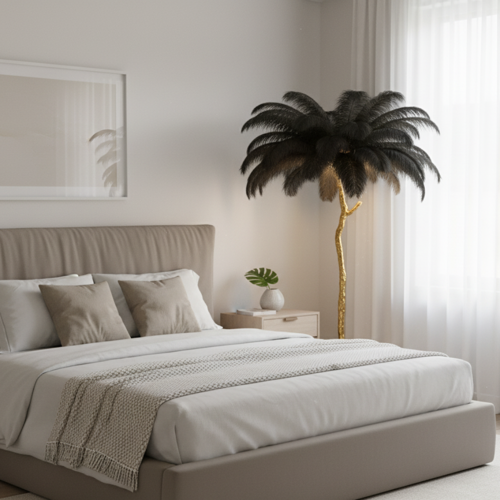 Lámpara de Pie con Pantalla de Plumas Elegante - Lámpara de Trípode Moderna para Sala de Estar