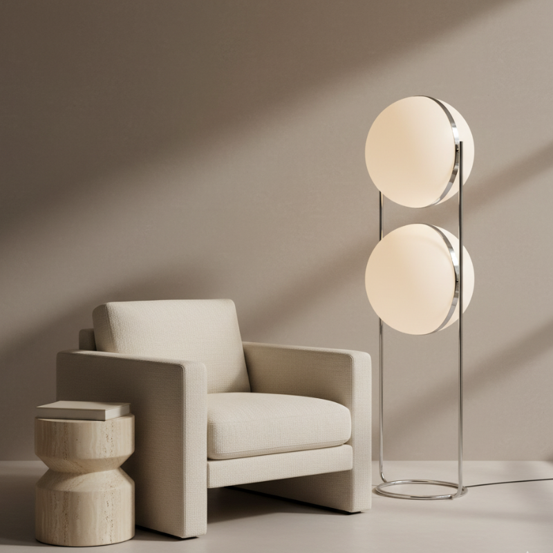Colección Orbis | Lámpara de Pie Moderna y Elegante con Marco de Cromo para Decoración de Sala de Estar