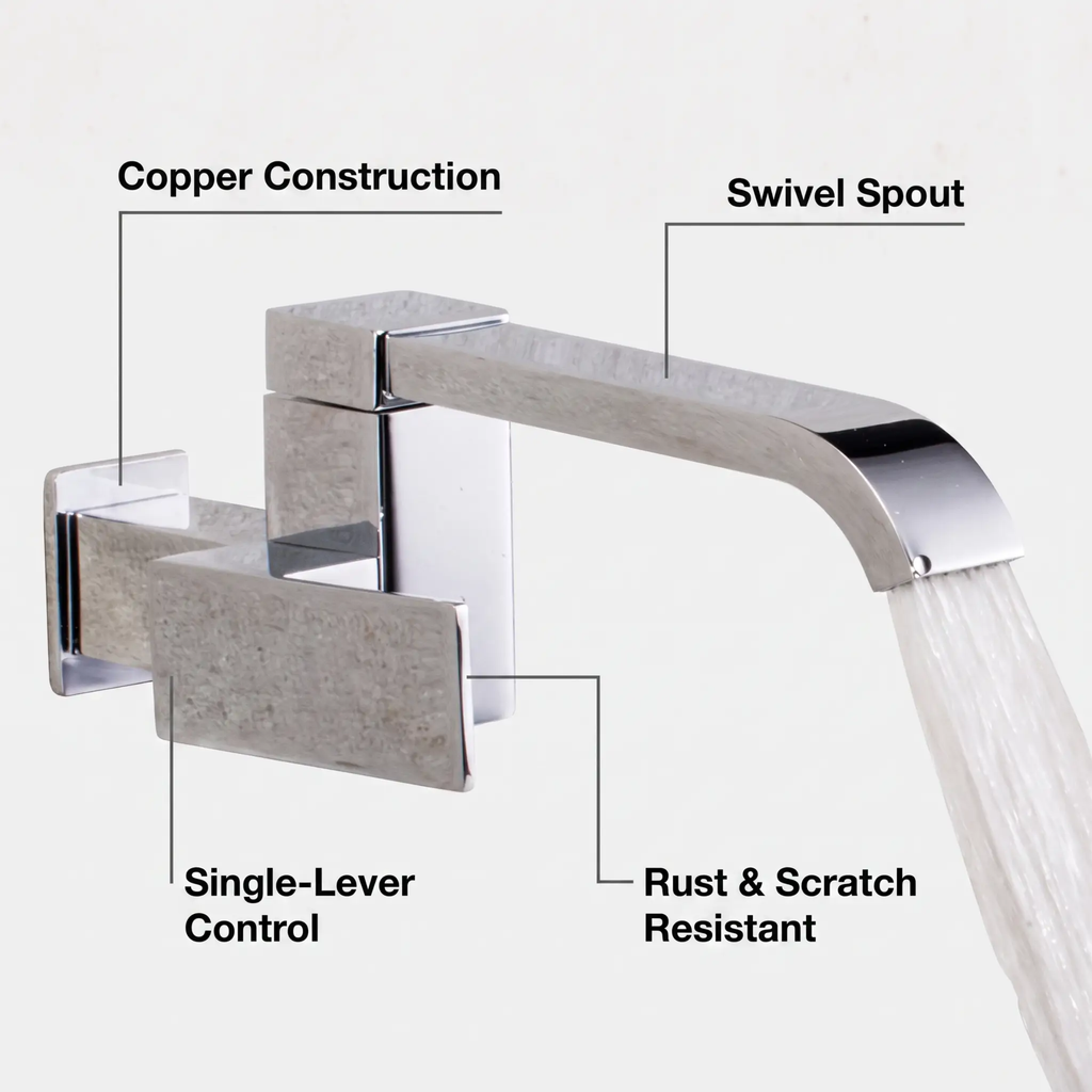 Grifo de baño contemporáneo montado en la pared con manijas de palanca y arco bajo de bronce