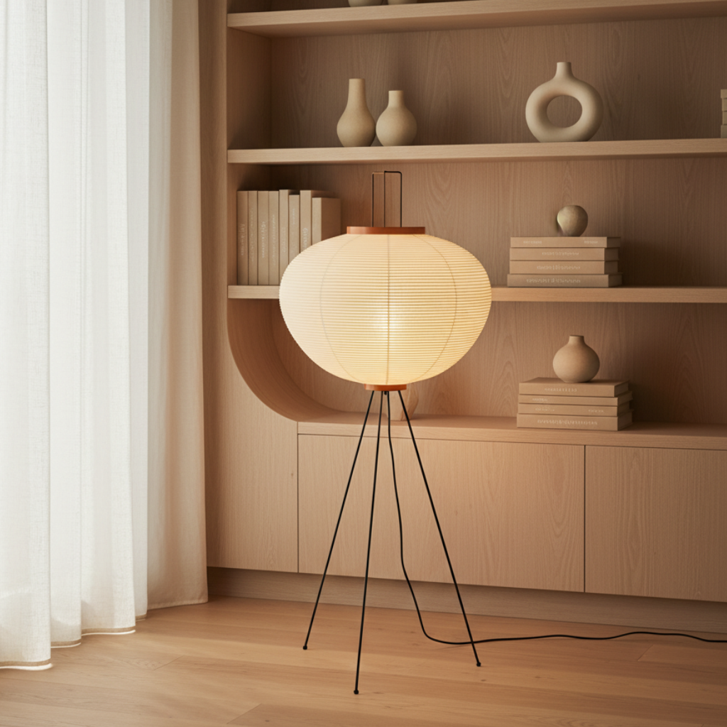 Yūgen | Lámpara de Pie Tripode Minimalista Moderna con Pantalla de Papel de Morera