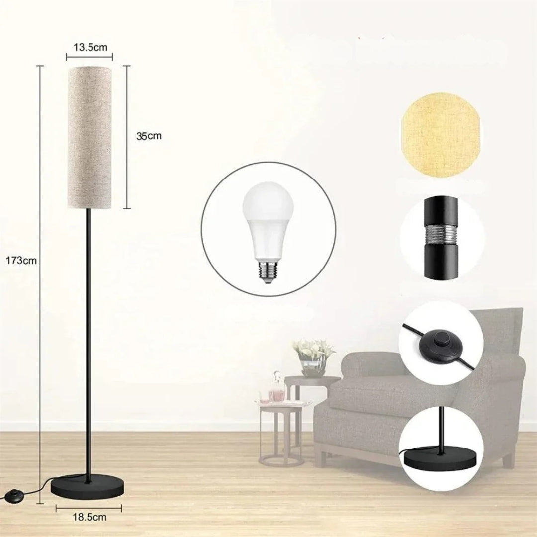 LumiGlow – Lámpara de Suelo Esbelta con Pantalla Cilíndrica para Iluminación Ambiental Suave