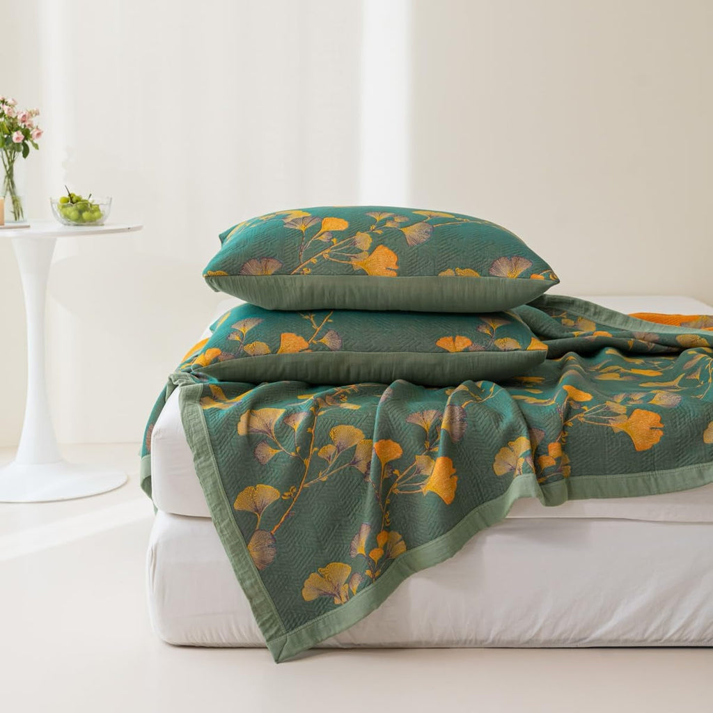 Cubrecamas Reversible de Hojas de Ginkgo Floral Jacquard