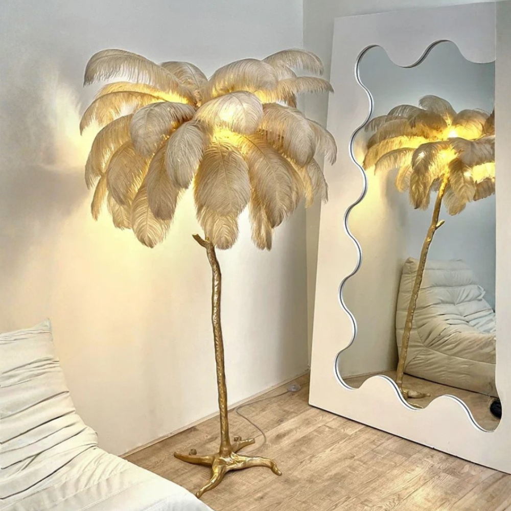 Lámpara de Pie con Pantalla de Plumas Elegante - Lámpara de Trípode Moderna para Sala de Estar