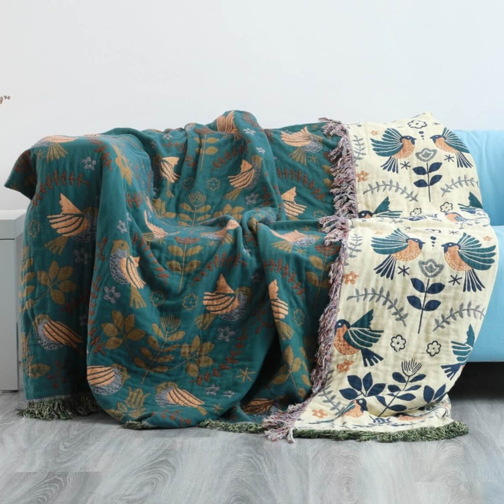Manta Reversible Escandinava con Diseño de Pájaros - Cálida y Versátil - Para cada estación