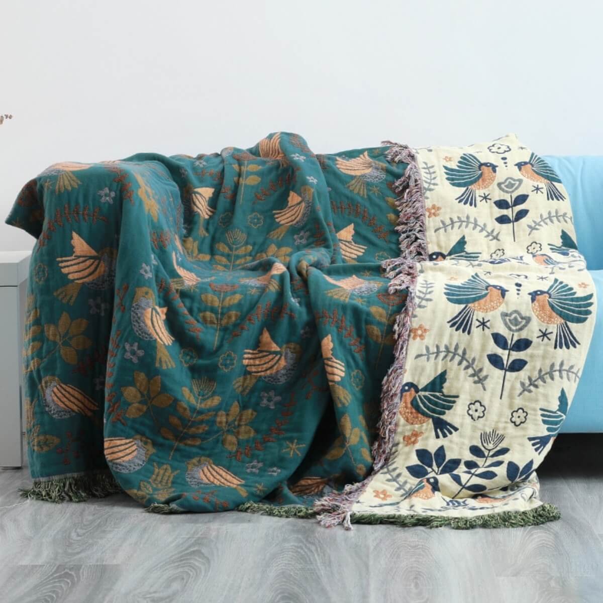 Manta Reversible Escandinava con Diseño de Pájaros - Cálida y Versátil - Para cada estación