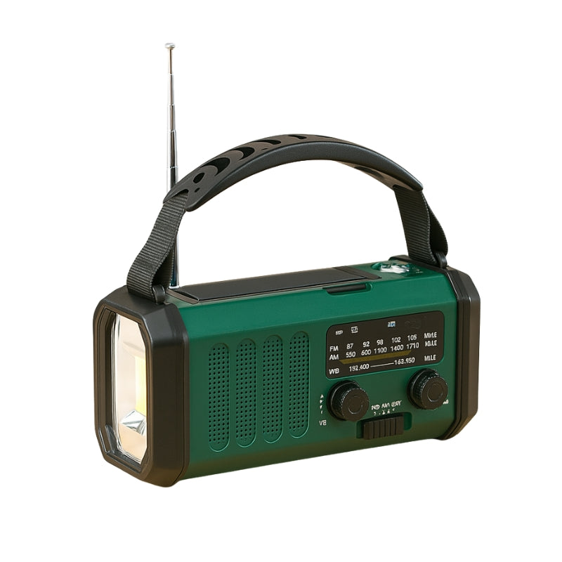 EmergencyGear – Radio de manivela solar con linterna LED y banco de energía integrado