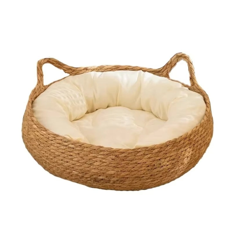 PurrNest – Cesta para Gatos Tejida a Mano con Cojín de Felpa