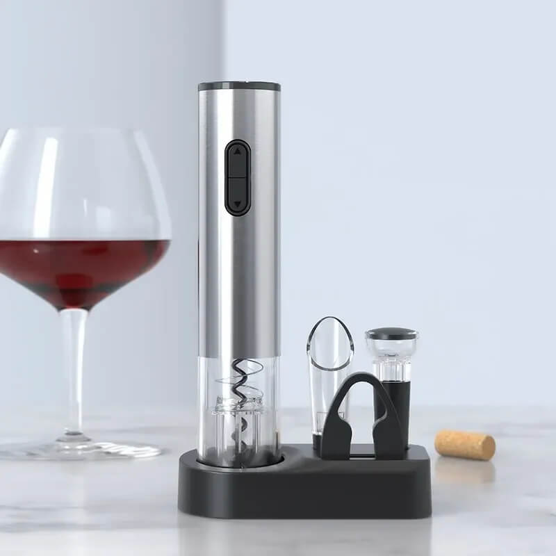 Set de Sacacorchos Eléctrico 5 en 1 con Cortador de Papel de Aluminio, Decantador y Tapón de Vacío – Sacacorchos Automático y Base de Exhibición | Regalo Perfecto para Amantes del Vino