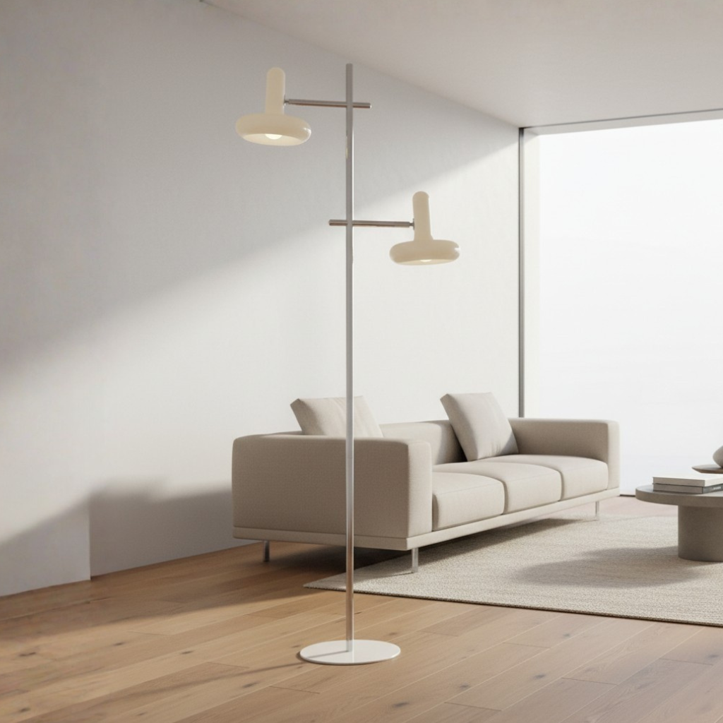 Lámpara de Pie Moderna Estilo Bauhaus con Cabezas Ajustables y Base de Vidrio