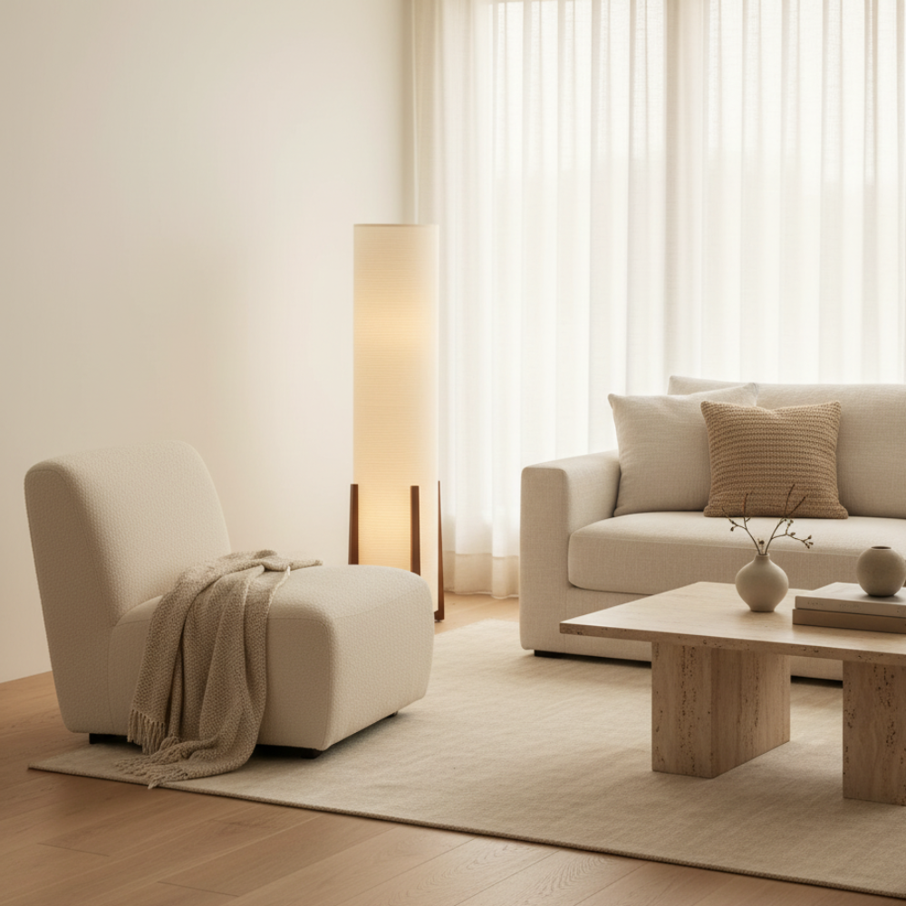 Hajime — Lámpara de Pie Tradicional Japonesa Elegante con Pantalla de Tela Blanca para Sala de Estar