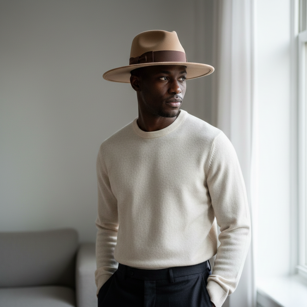 Sombrero fedora de lana beige con cinta marrón - Toni