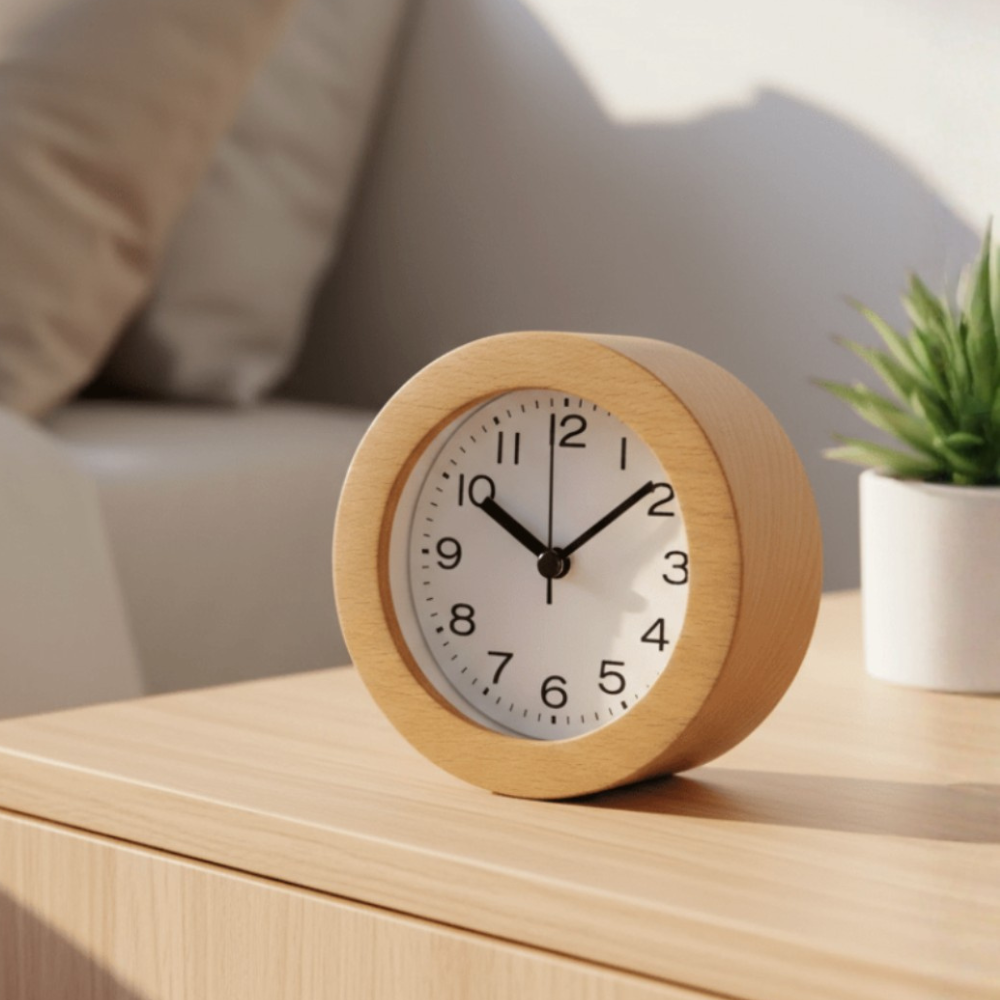 Reloj de Alarma Analógico de Madera Elegante con Movimiento de Cuarzo Silencioso
