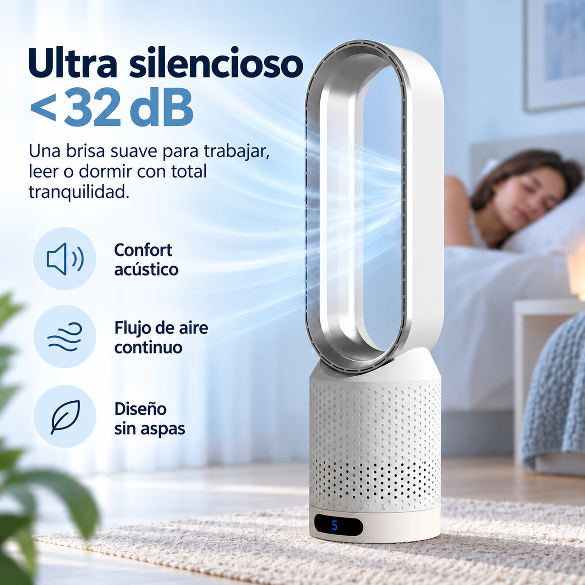 AirPure – Ventilador de torre sin aspas ultrasilencioso (< 32 dB)
