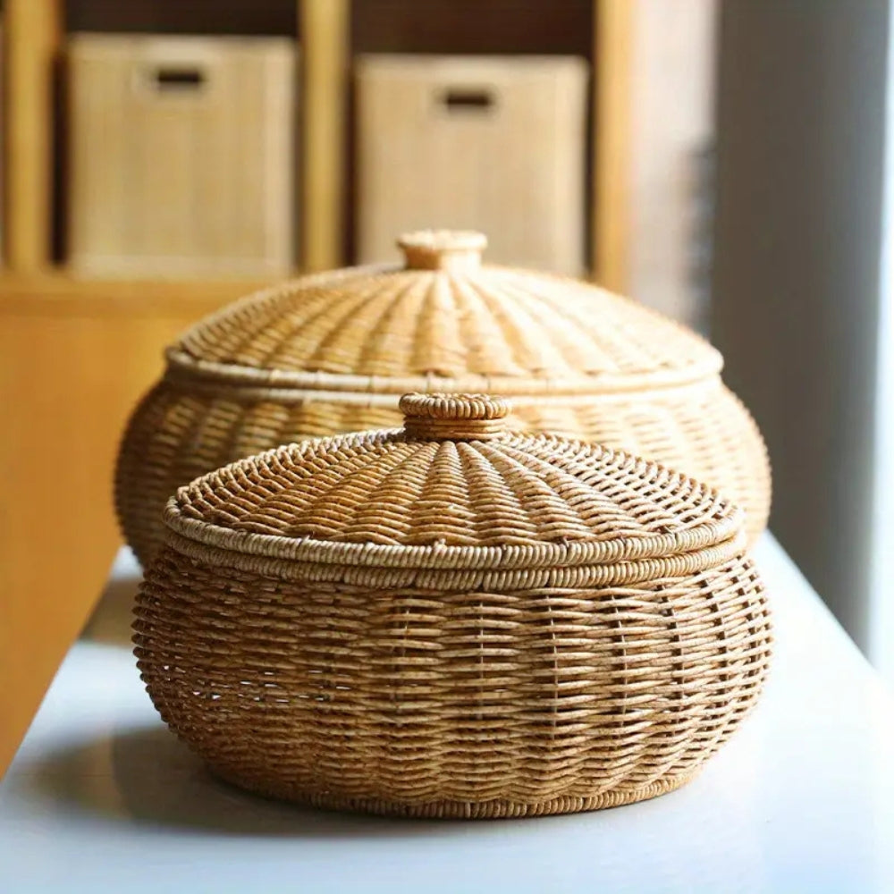 Cesta de Ratan Tejida en Forma de Cúpula con Tapa