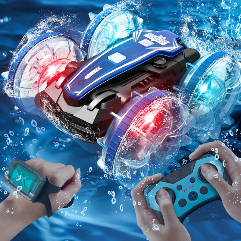 Coche de acrobacias RC para tierra y agua con 2 controles remotos