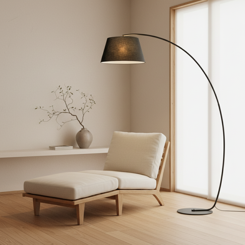 ArcoLuxe | Lámpara de pie de arco elegante y moderna con pantalla de tela para sala de estar