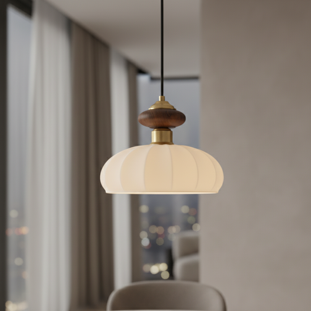 Lámpara Colgante Ceres - Elegante Pantalla de Vidrio Orgánico y Acento de Madera para Iluminación de Isla de Cocina