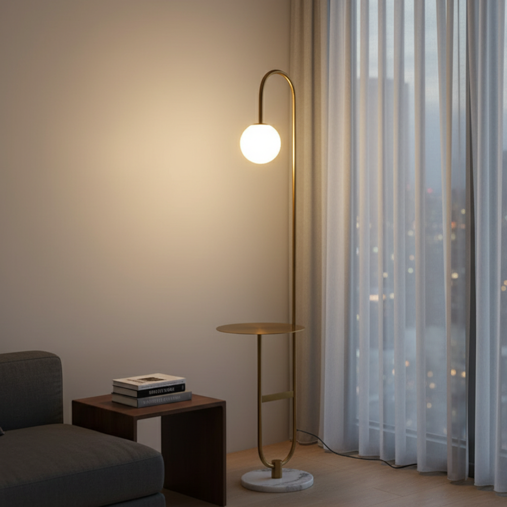 NordHalo Arc | Lámpara de Pie Escandinava Moderna y Elegante con Mesa Lateral