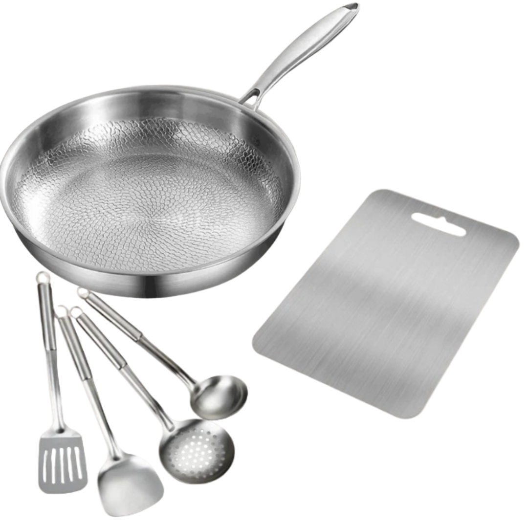 Juego de Sartenes de Titanio – Sartén, Utensilios de Cocina y Tabla de Cortar | Esenciales de Cocina Duraderos