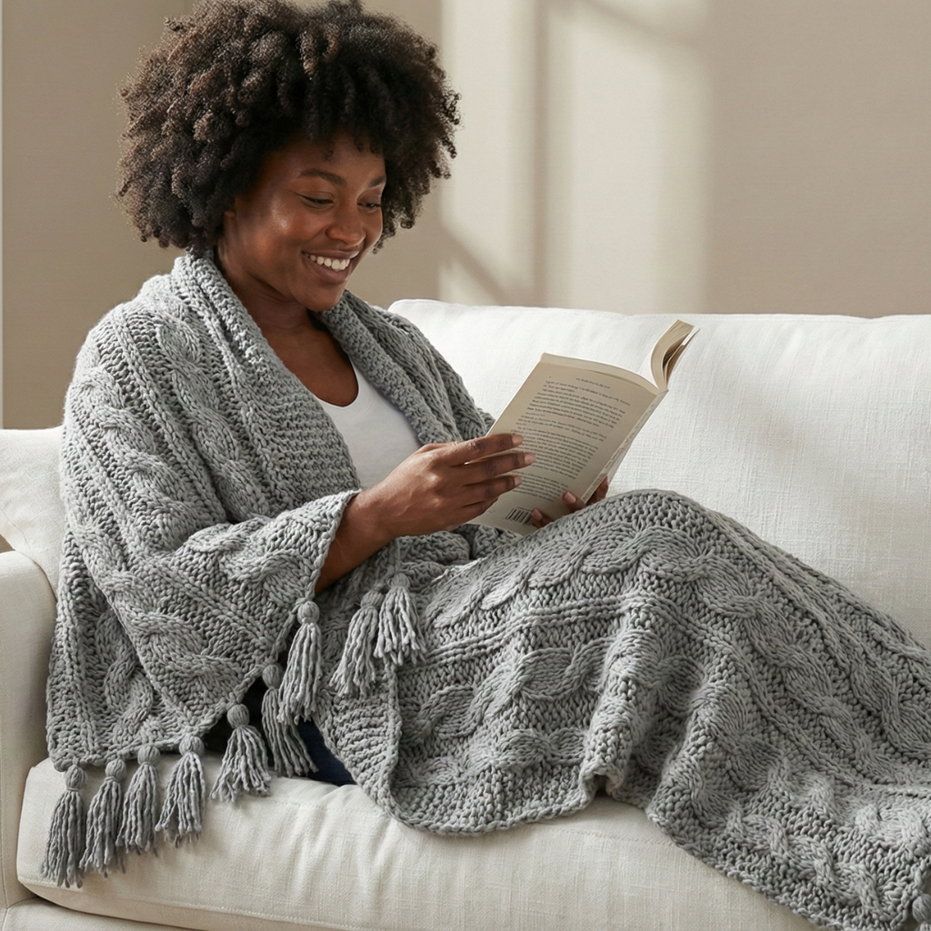 Manta de punto gris suave con bordes con flecos