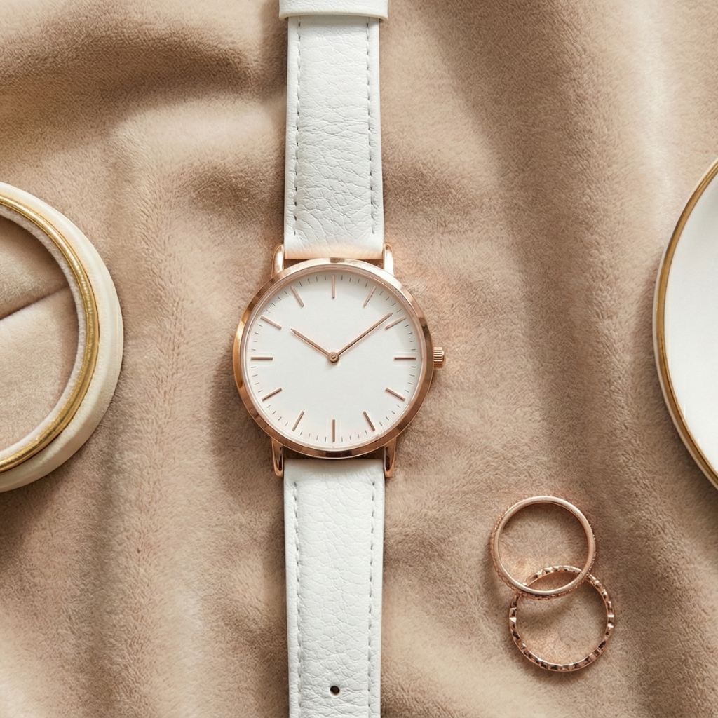 Reloj de pulsera minimalista en oro rosa con correa de cuero blanco