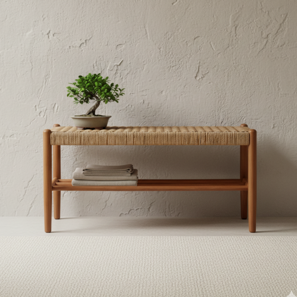 Banca Japonesa Elegante - Diseño de Cuero de Vaca Trenzado y Madera de Cereza para el Vestíbulo