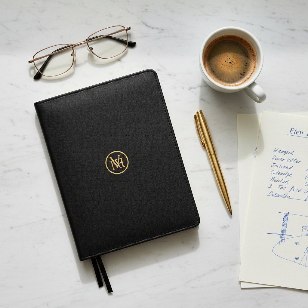 Cuaderno personalizado con encuadernación en cuero y logotipo en lámina dorada